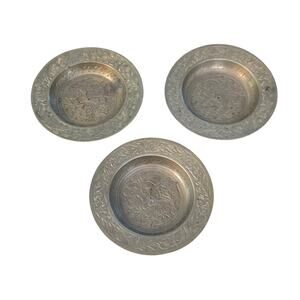 Vintage Brass Etched Trinket Dish Lot of‎ 3 4.5"